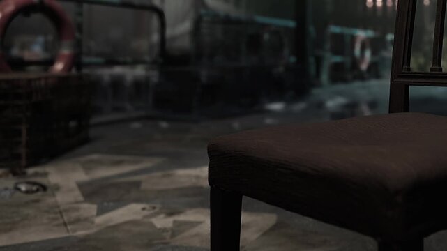 A simple chair sits alone at a dock. The area is quiet, and soft light reflects off the water in the evening. The surroundings have a calm atmosphere as it gets darker.