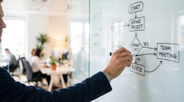 Manager drawing project flowchart on glass whiteboard with marker, strategic planning process, budget decision making, team meeting organization, brainstorming session in modern