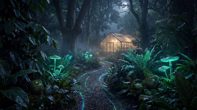 Enchanted forest path at night with glowing mushrooms and a warm lit greenhouse in the misty woods