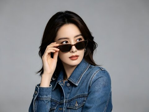 Stylish asian woman in denim jacket wearing trendy sunglasses