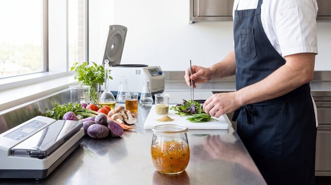 Professional chef preparing gourmet dish with fresh ingredients in a modern laboratory style kitchen