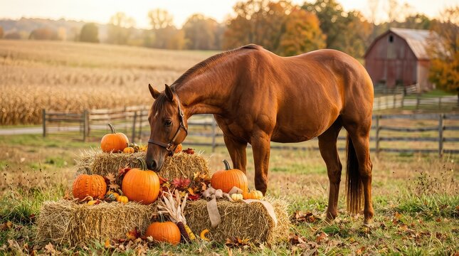 Horse with pumpkins on hay bales. Autumn farm scene with equine and harvest decor.