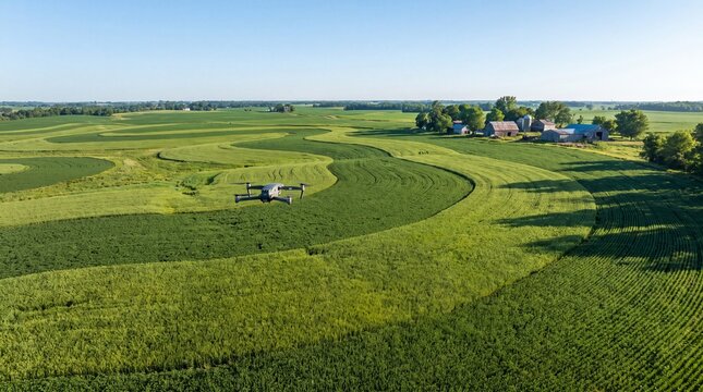 Aerial view of a drone flying over lush green agricultural fields on a sunny summer day in the countryside