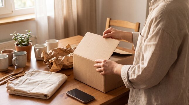 Person packing a cardboard box on a wooden table at home
