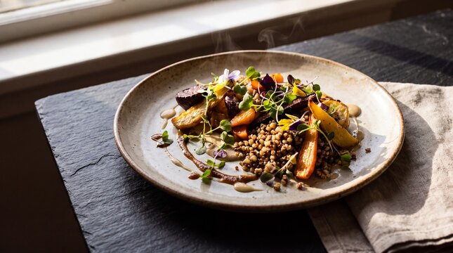 Gourmet roasted vegetable and grain bowl with fresh microgreens and edible flowers on a rustic plate