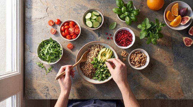 Top view of a person preparing a healthy salad bowl with quinoa, lentils, avocado, and fresh vegetables