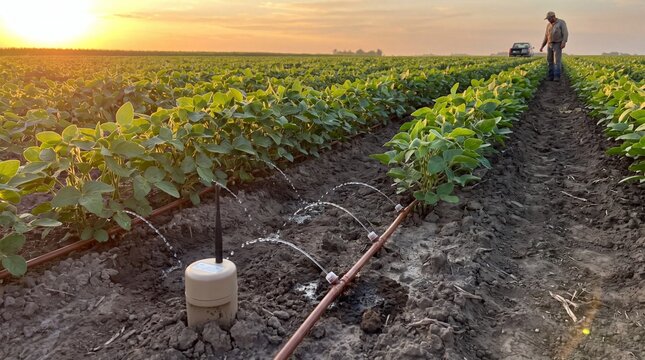 Farmer monitoring a smart drip irrigation system in a soybean field at sunset