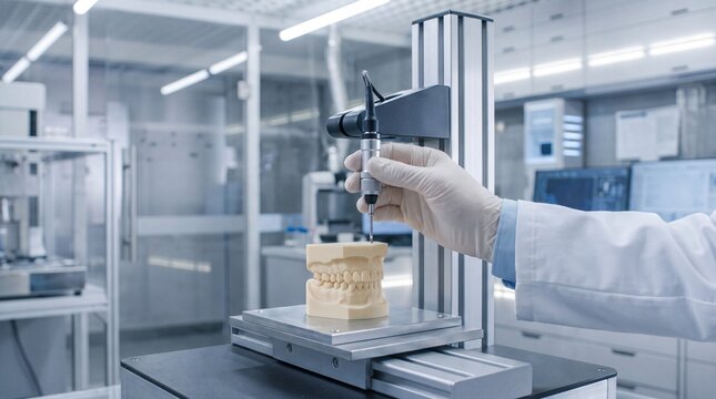 Dental technician using a 3d scanner to digitize a plaster model of human teeth in a modern laboratory