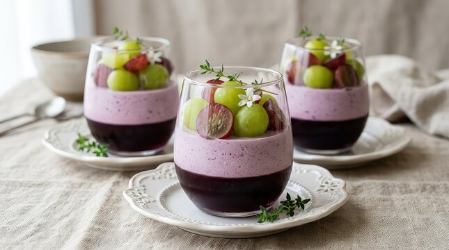 Mini dessert cups with purple mousse and fresh berries. Elegant bite-sized sweets garnished with mint for gourmet presentation.