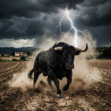 Powerful Bull Charging Through Dusty Field Under Stormy Sky with Lightning