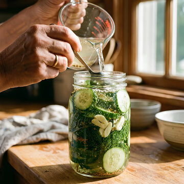 Preserving food at home pouring brine into cucumber pickle jar
