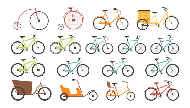  Bicycle models vector illustration collection set including retro penny farthing mountain cargo road city and tandem bikes