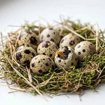 Quail chick hatching from speckled egg in nest with moss and straw