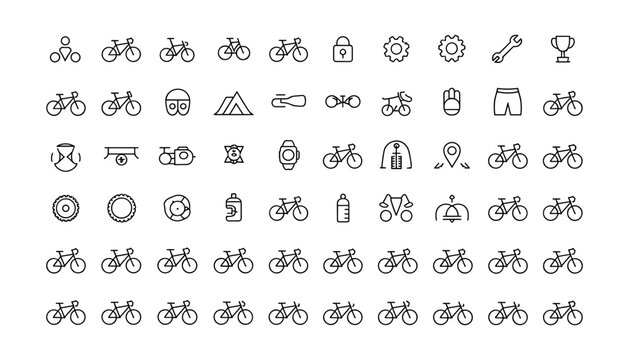 Cycling and bicycle accessories mega pack minimal line art vector icon bundle for web UI and mobile applications