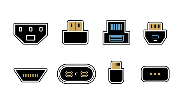 Computer cable connectors and hardware port interfaces linear vector icon set for electronic device transfer technology specifications