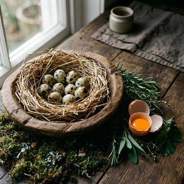 Quail Eggs in Nest on Rustic Table with Herbs and Broken Egg