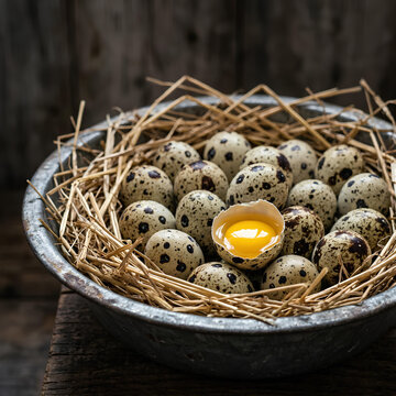 Quail Eggs in Nest with One Cracked Open Rustic Farm Food Photography