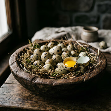 Quail Eggs in Rustic Wooden Bowl with One Cracked Egg and Visible Yolk