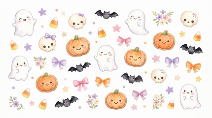 Fototapeta premium watercolor illustration of cute Halloween objects, featuring smiling little ghosts, tiny skulls, pumpkin cookies, candy corn, stars, bats, bows and small flowers.