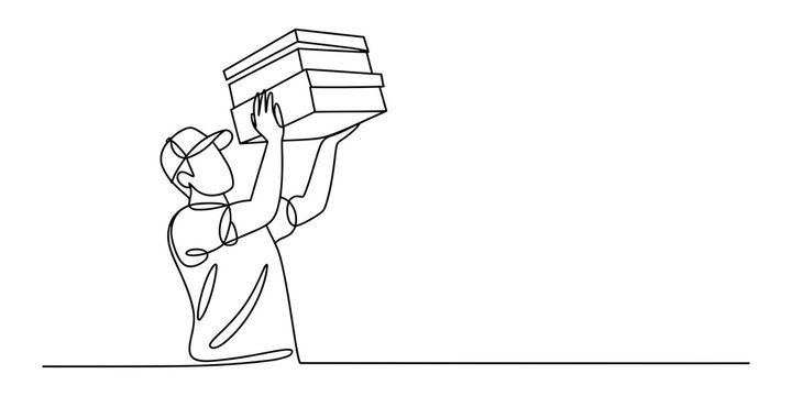 Delivery man holding a stack of cardboard boxes in one continuous line drawing