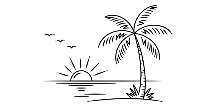 Black and white hand drawn sketch of a tropical palm tree at sunset