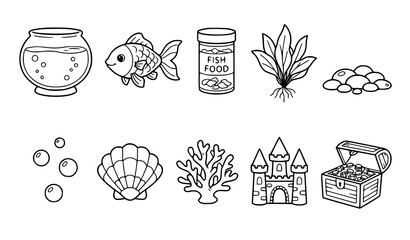 Hand drawn underwater collection featuring fish bowls, tropical fish, aquatic plants, shells, bubbles, castles, and treasure chests