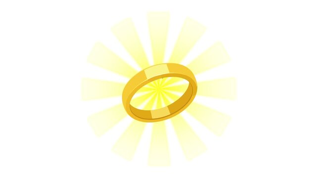 Gold ring animated sparkling with sunburst light ray wedding band in 4k isolated on white background