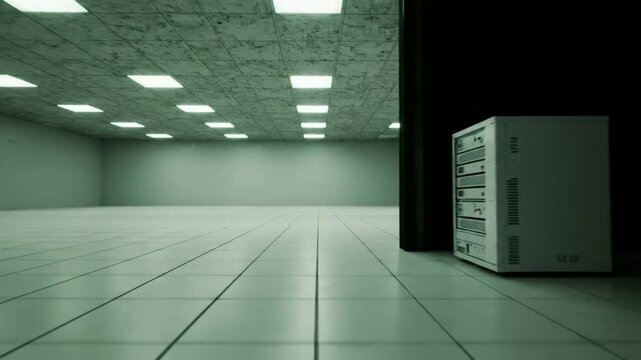 Empty server room with industrial data center hardware, minimalist modern office interior, cinematic liminal space background, for tech concepts