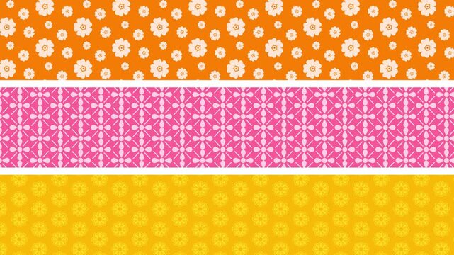 Abstract background colorful floral and geometric patterns arranged in horizontal strips, with orange, pink, and yellow backgrounds 