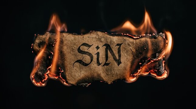 Burning Parchment Paper with the Word SIN Written in Gothic Calligraphy Font on a Dark Background with Flames