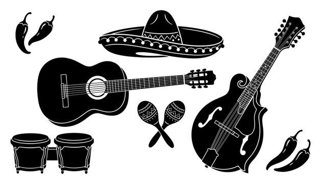 Traditional Mexican music and culture elements solid vectors set featuring guitar mandolin bongo sombrero maracas and chili peppers