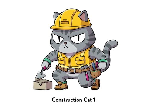 Cartoon construction cat wearing hard hat and tool belt