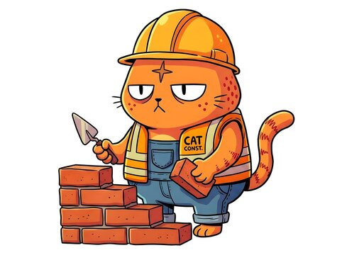 Cartoon construction cat building a brick wall with tools