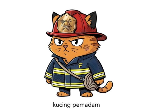 Cute cartoon firefighter cat wearing uniform and helmet