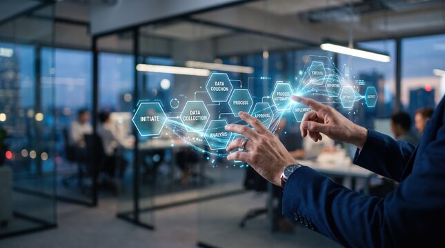 Business process automation workflow diagram on virtual screen, professional manager analyzing data collection and implementation strategy in modern office environment