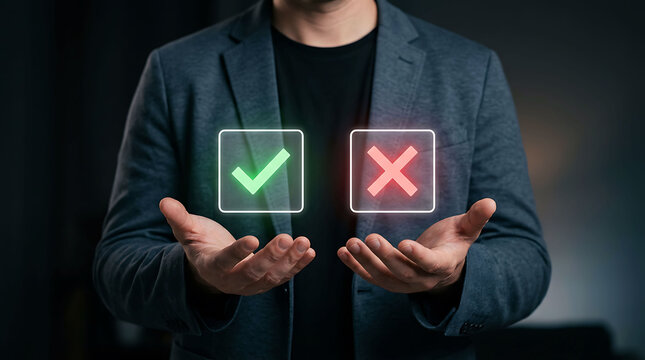 Businessman holding checkmark and cross icons for decision making and choice
