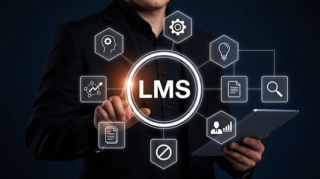 Businessman touching LMS learning management system virtual interface display
