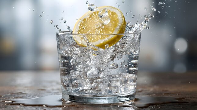 A close-up shot of a lemon slice splashing into a glass of ice-cold water, creating refreshing droplets and bubbles