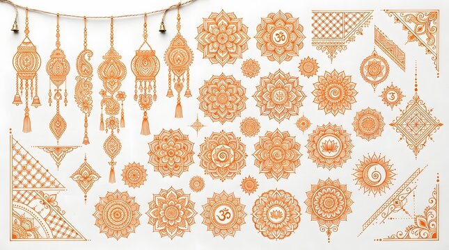 Set of intricate orange mandala patterns, hanging lanterns, and decorative corner borders for traditional indian art and festive designs isolated on white background