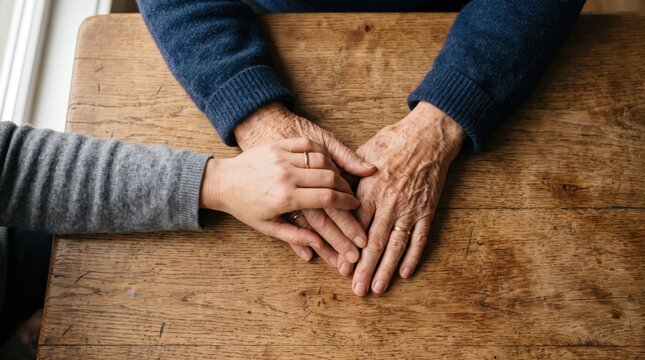 Senior couple holding hands on wooden table, symbol of long lasting love and marriage, of elderly man and woman joined palms showing commitment and lifelong partnership bond
