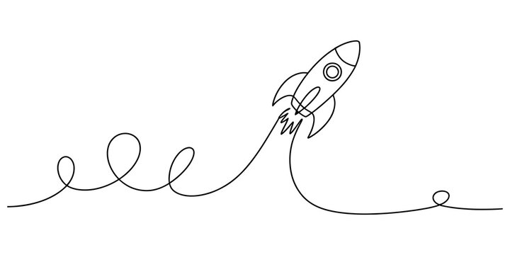 Continuous line drawing of a spaceship rocket taking off into outer space