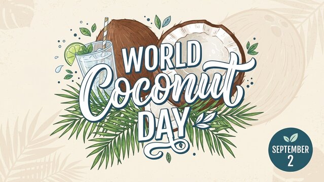 World Coconut Day September 2 Vector Banner with Hand Drawn Coconuts, Coconut Water, Oil, and Cream