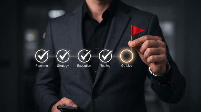Businessman holding red flag at go live milestone stage in business project