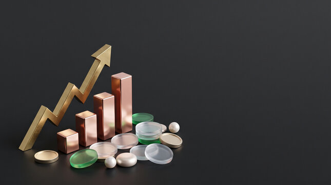 Golden arrow graph rising with copper bars and scattered coins against dark background illustration