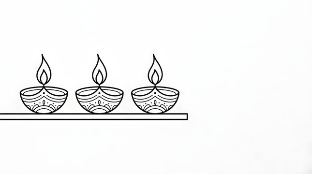 Minimalist line art illustration of three lit diya oil lamps arranged in a row on a shelf, traditional indian festival design