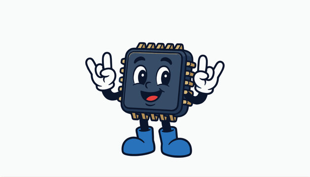 Cheerful Cartoon Chip Mascot Waving Hands with Blue Boots