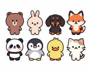 Naklejka premium Cute Cartoon Animals Standing in a Row on White Background