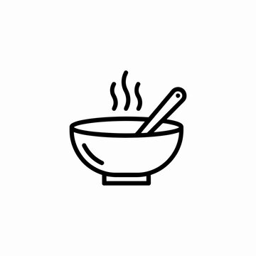 Simple line drawing of hot soup bowl with spoon isolated graphic