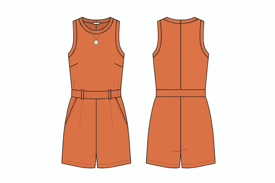 Orange sleeveless dress with belt and front pockets illustration