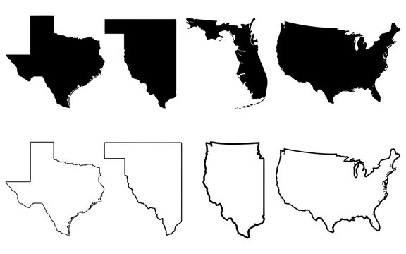 United States map outline and solid silhouette vector icon set featuring Texas, California, Florida, New York, Illinois, and Washington state shapes